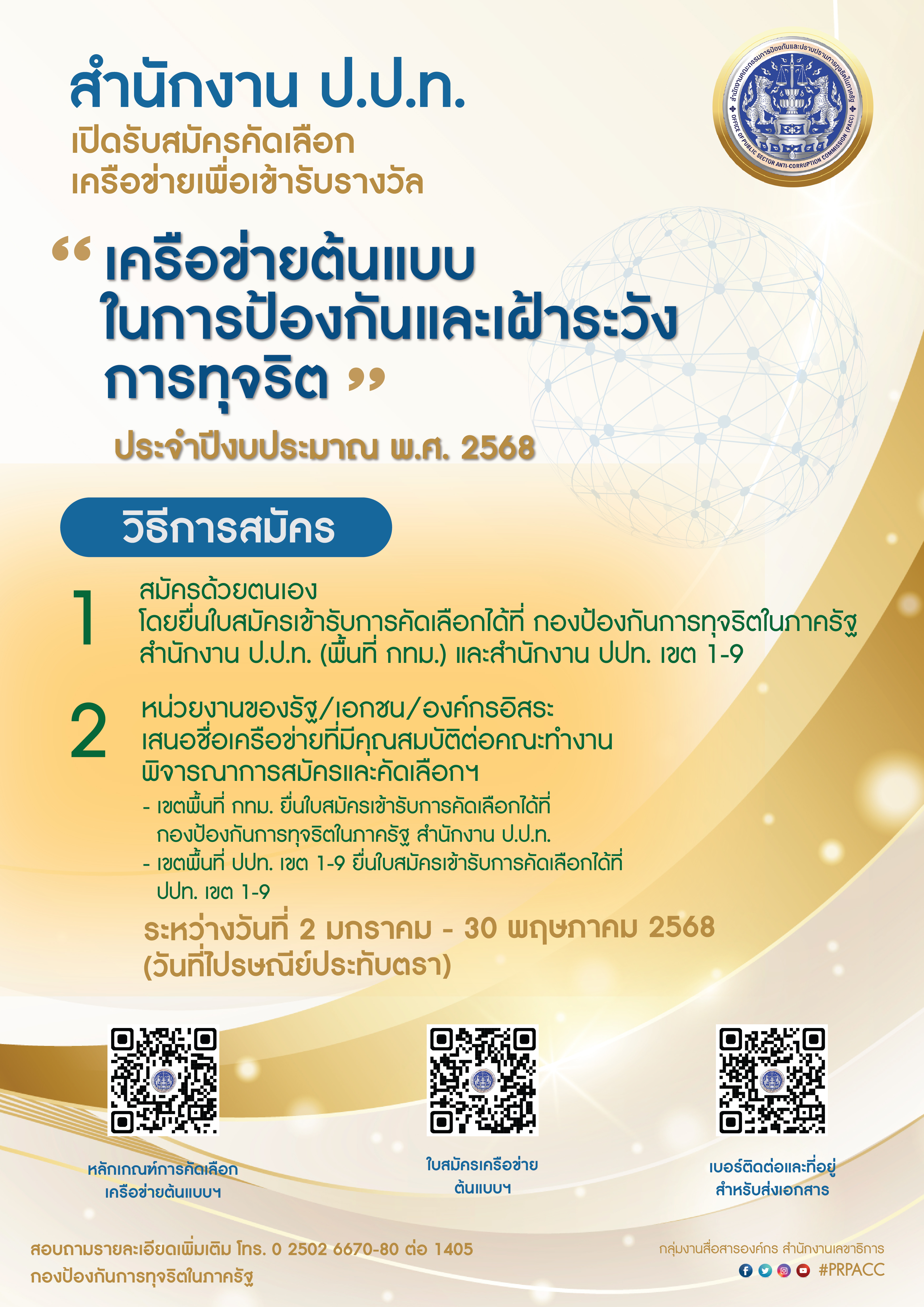 สำนักงาน ป.ป.ท. เปิดรับสมัครคัดเลือกเครือข่ายเพื่อเข้ารับรางวัล____(68/02/25)